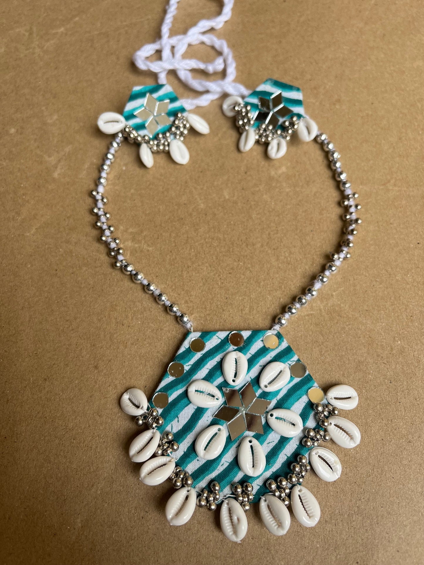Adya Shailputri Navratri Jewelry – Handmade Cowrie & Mirror Work Necklace Set