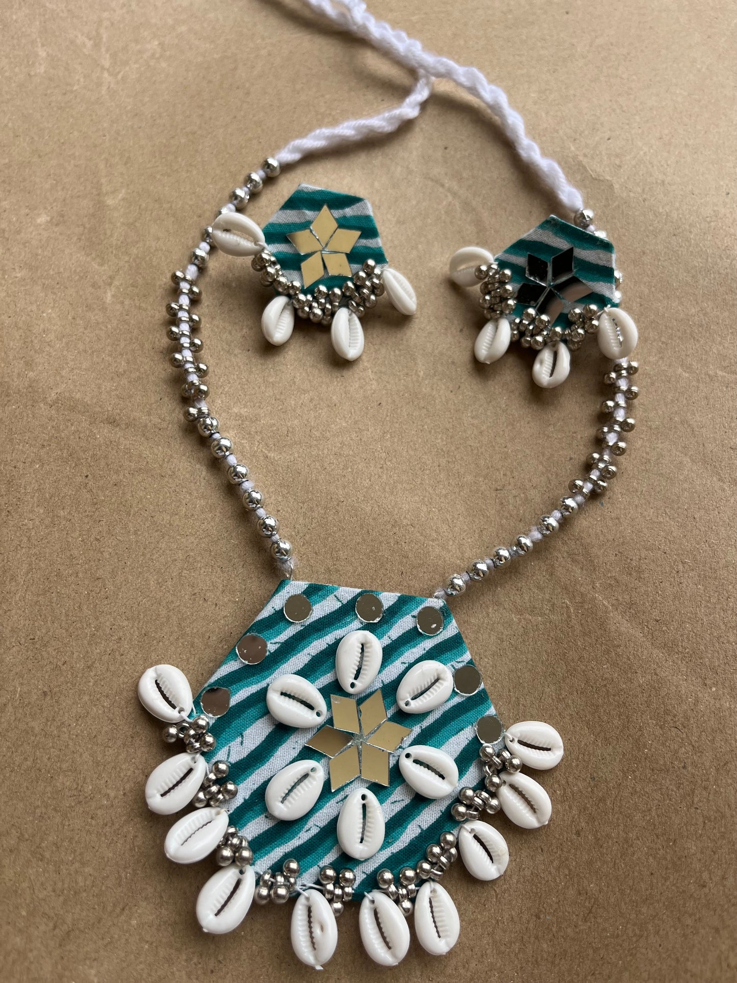 Adya Shailputri Navratri Jewelry – Handmade Cowrie & Mirror Work Necklace Set