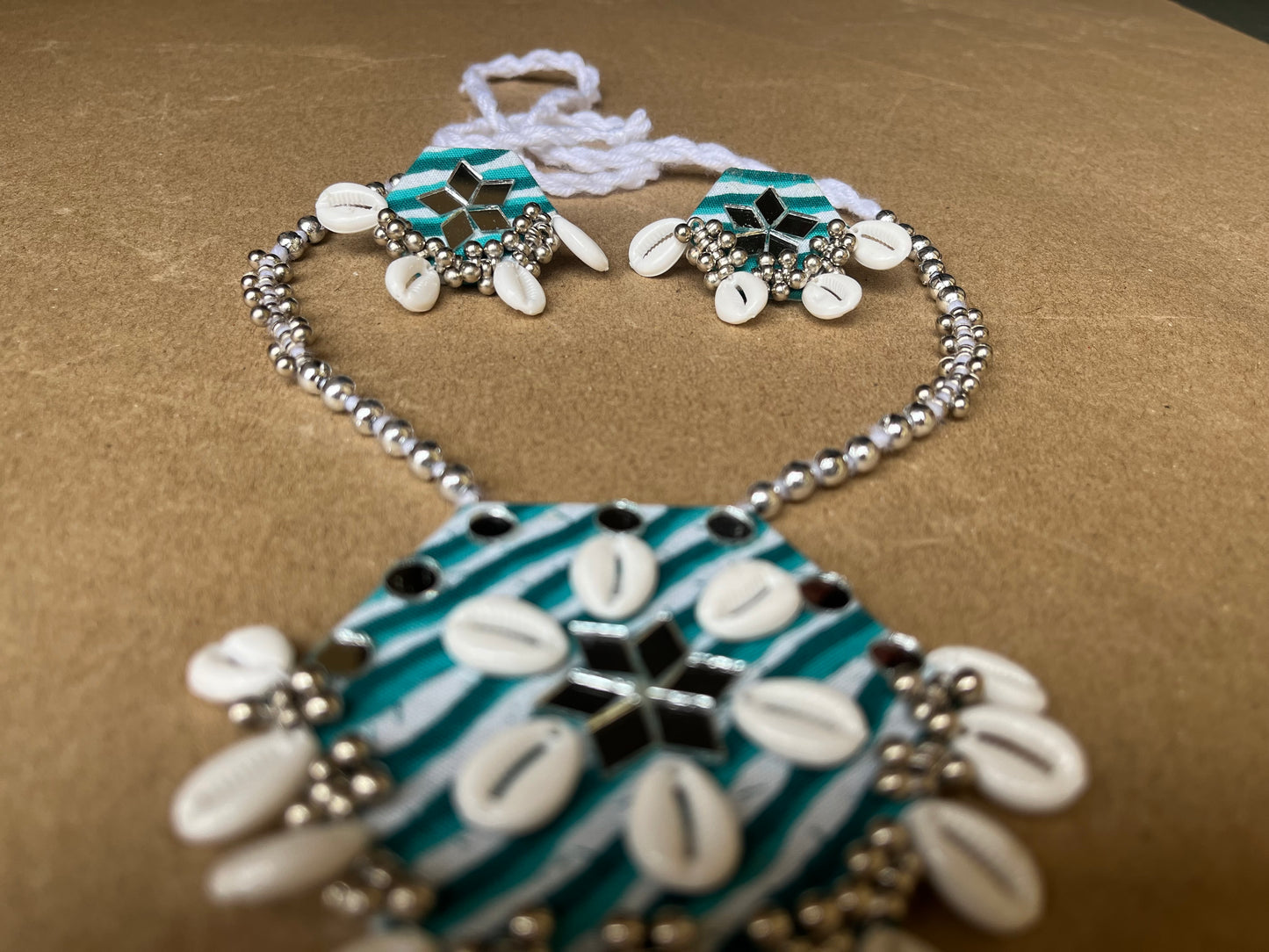 Adya Shailputri Navratri Jewelry – Handmade Cowrie & Mirror Work Necklace Set