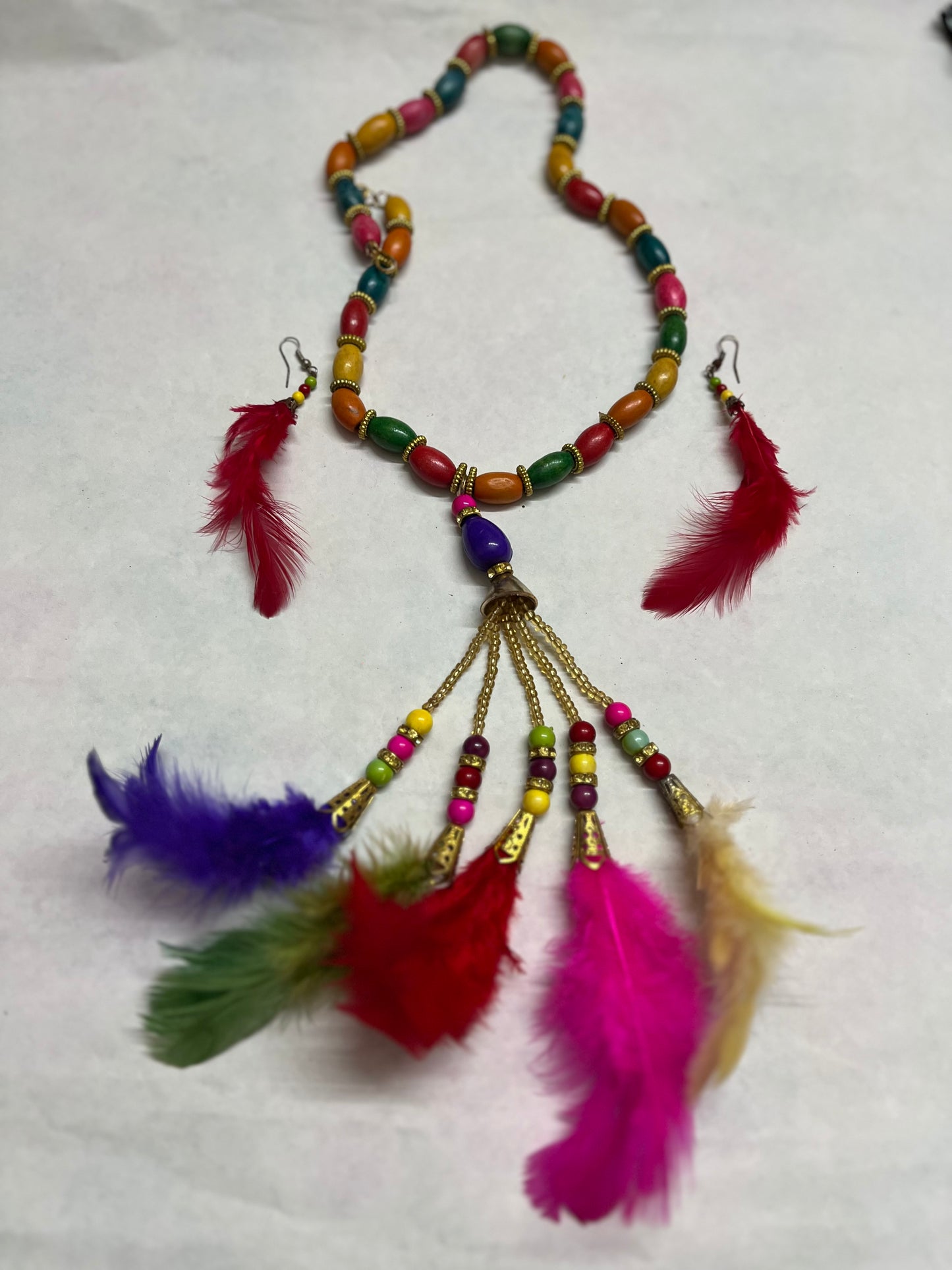 Boho Chic Bead and Feather Necklace Set