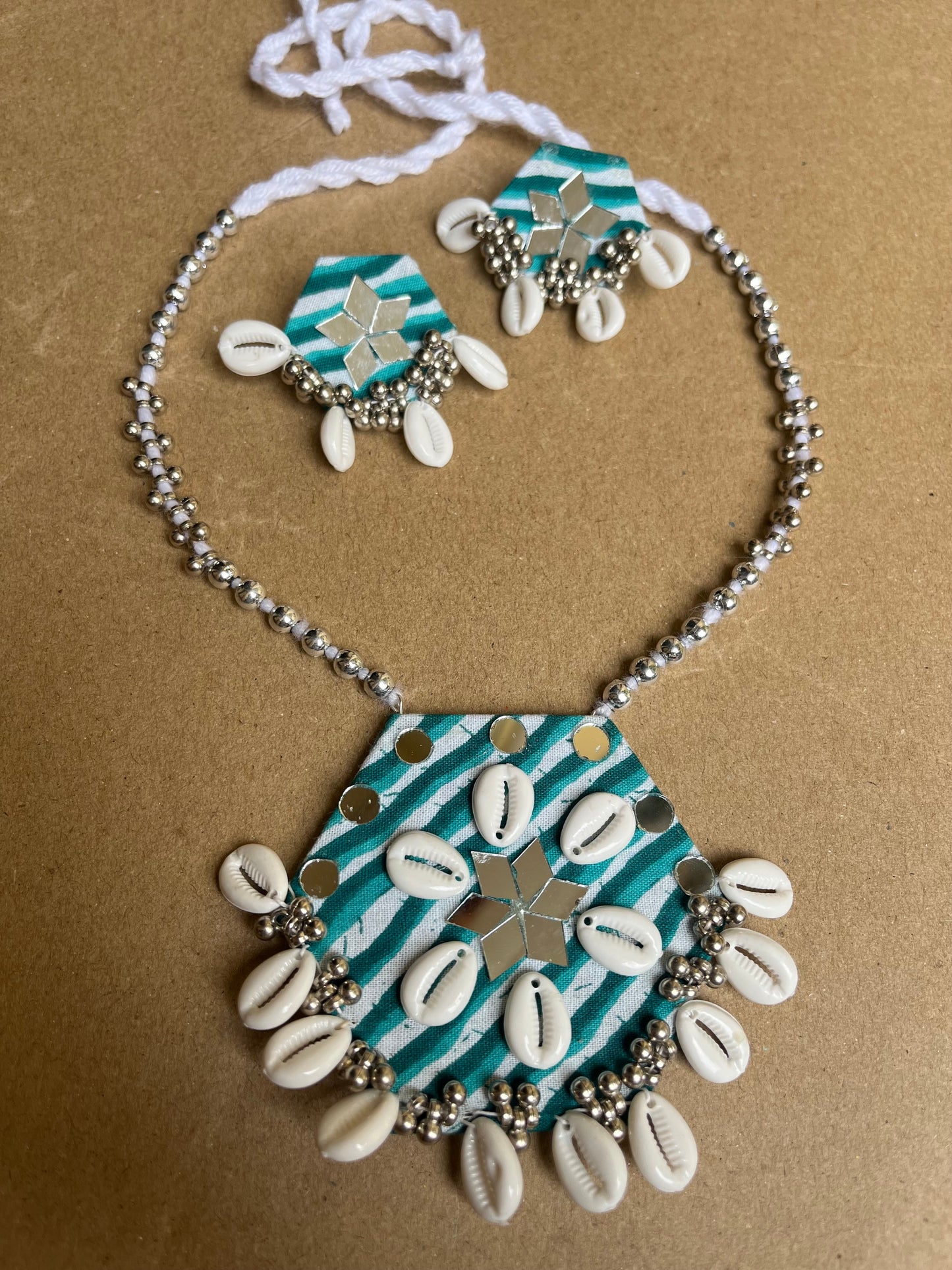 Adya Shailputri Navratri Jewelry – Handmade Cowrie & Mirror Work Necklace Set