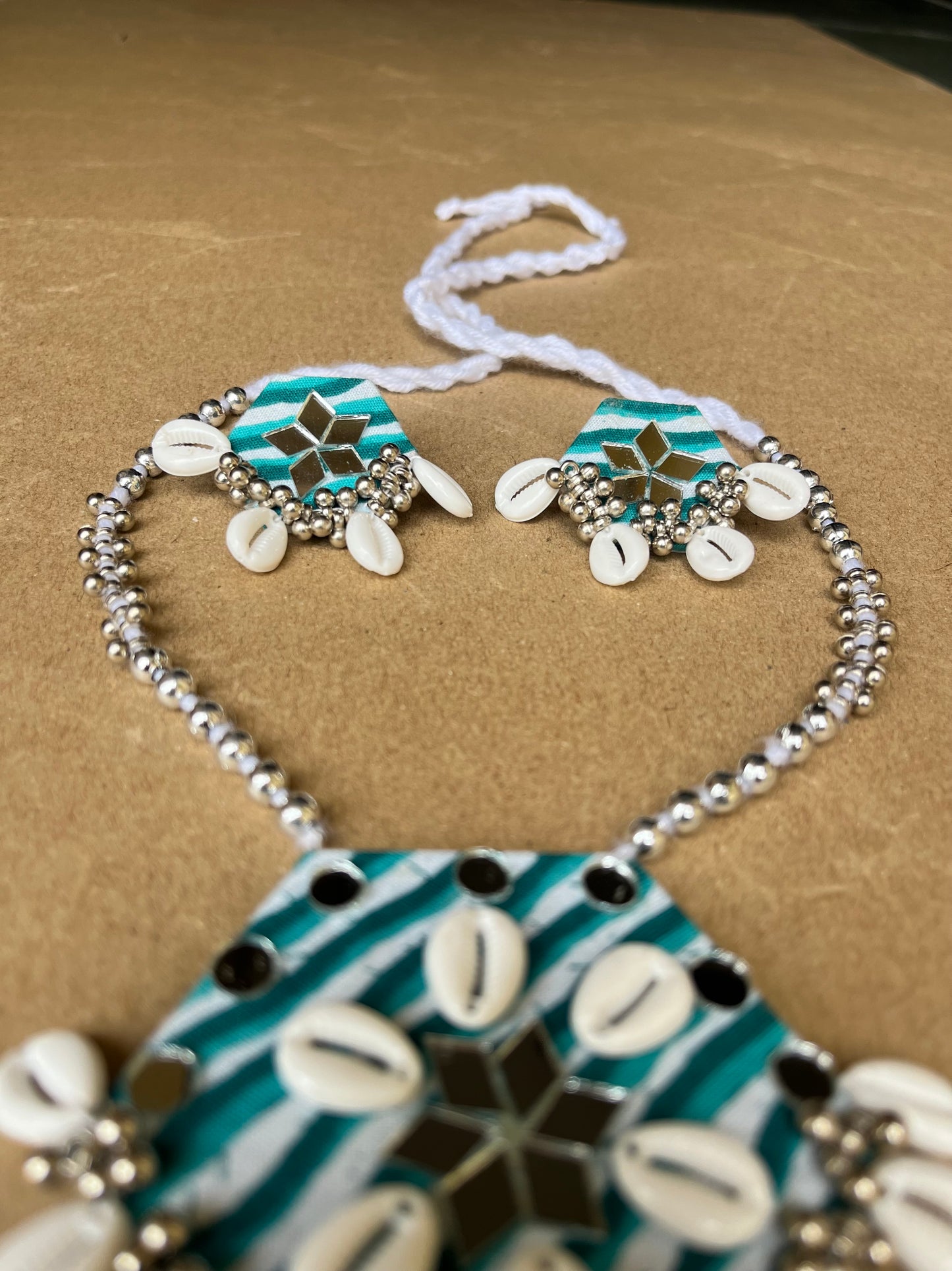 Adya Shailputri Navratri Jewelry – Handmade Cowrie & Mirror Work Necklace Set