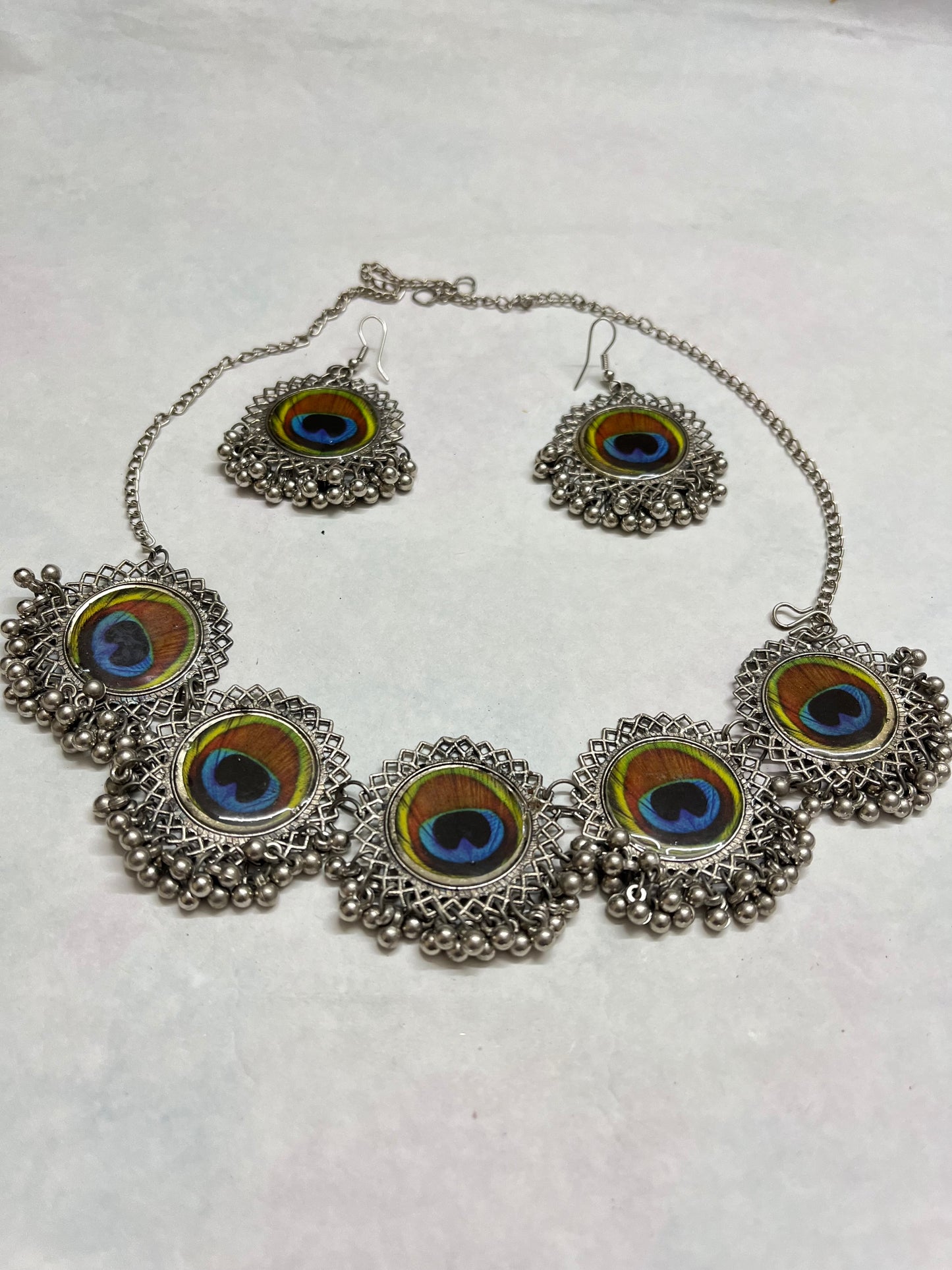 Elegant Peacock Plume Necklace & Earring Set