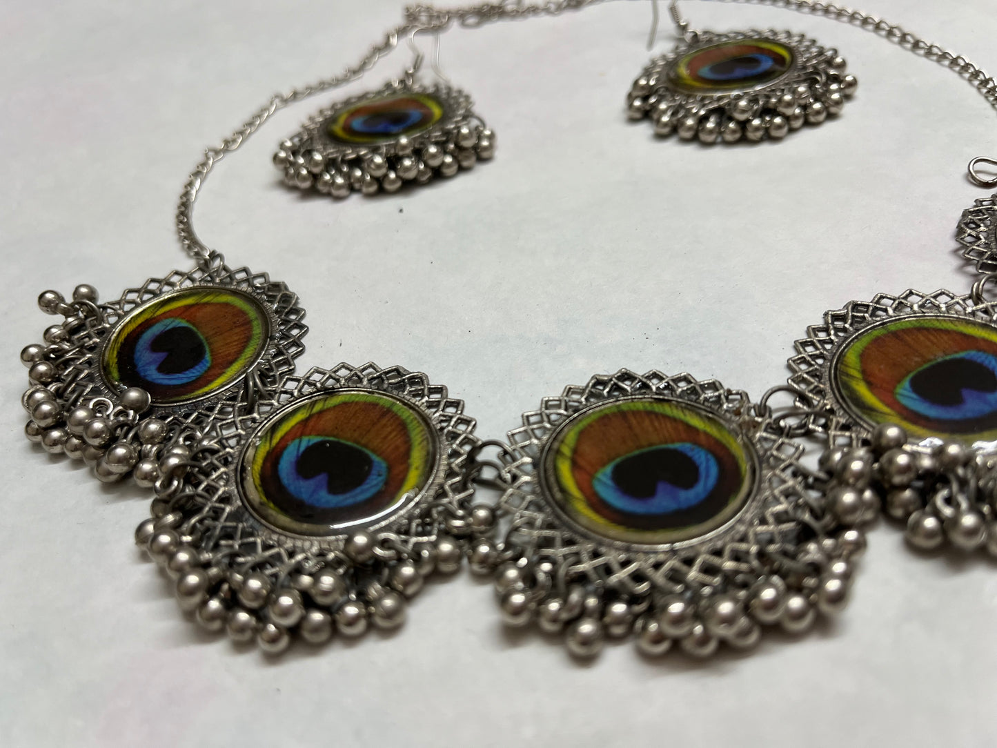 Elegant Peacock Plume Necklace & Earring Set